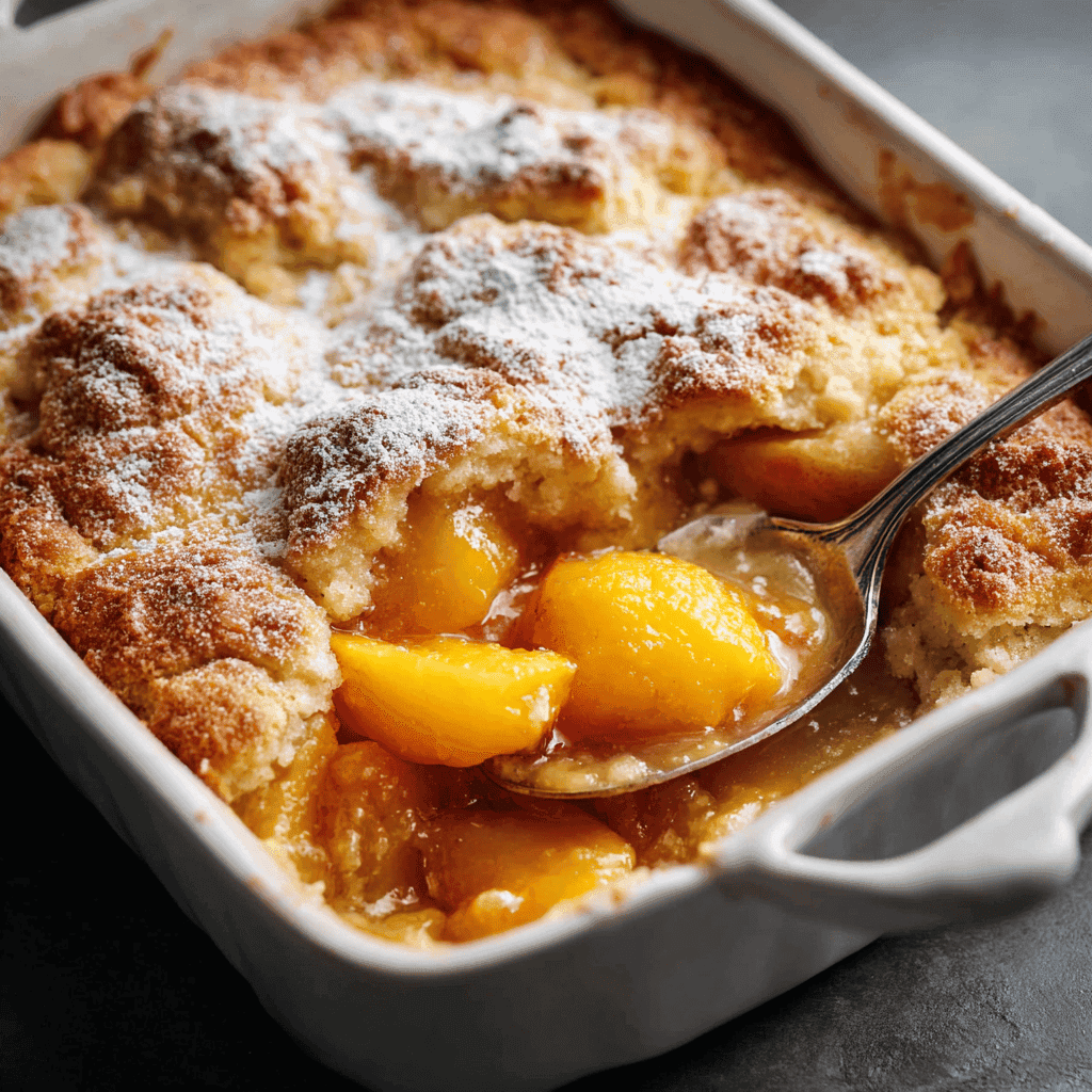 Peach Cobbler with Fresh Peaches – A Delicious Homemade Classic 5 Freshly baked peach cobbler with fresh peaches in a white baking dish, topped with golden biscuit crust and dusted with powdered sugar, with a spoonful served out.