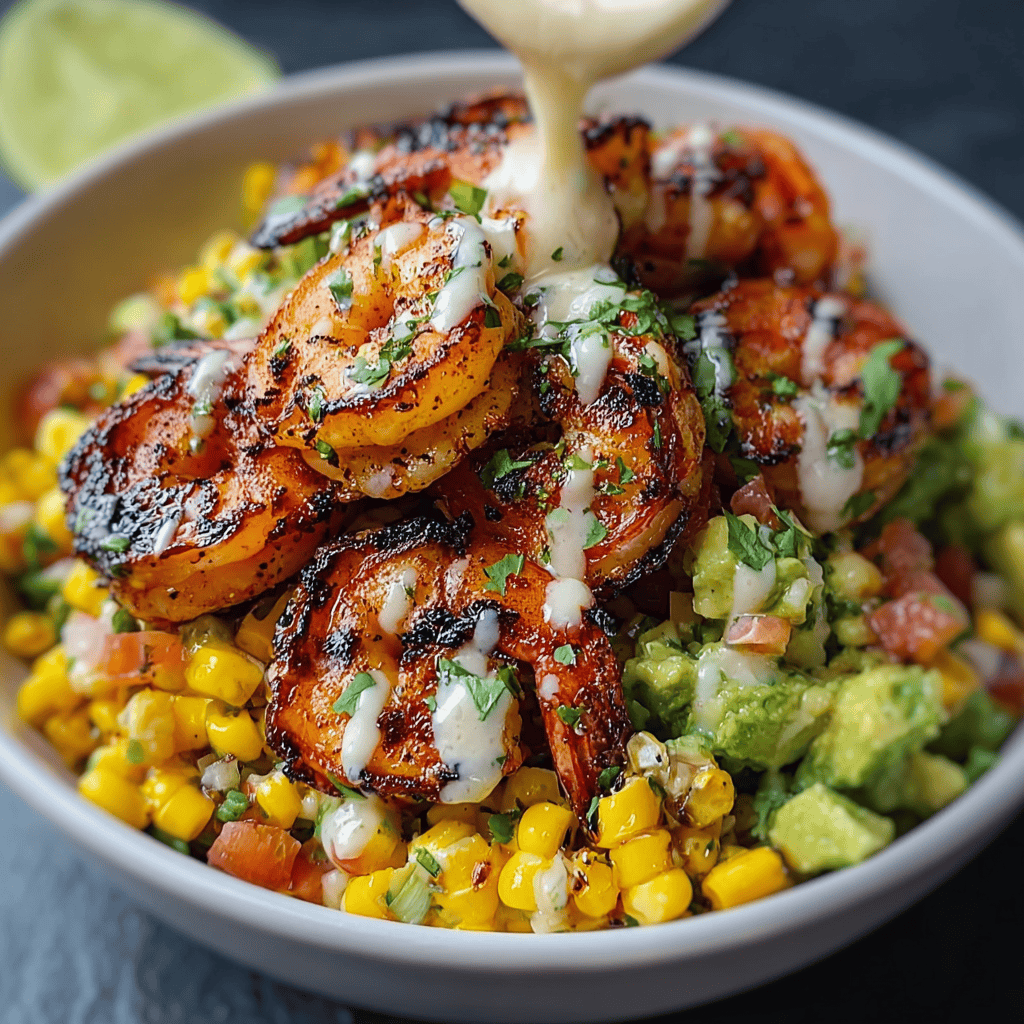 Close-up of grilled shrimp bowl with avocado, corn salsa, and creamy garlic sauce in a white bowl, garnished with cilantro.