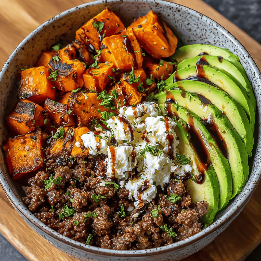 High-Protein Ground Beef & Hot Honey Meal Prep Bowl 4 Overhead view of ground beef hot honey bowl featuring roasted sweet potatoes, avocado slices, and crumbled cheese drizzled with hot honey.