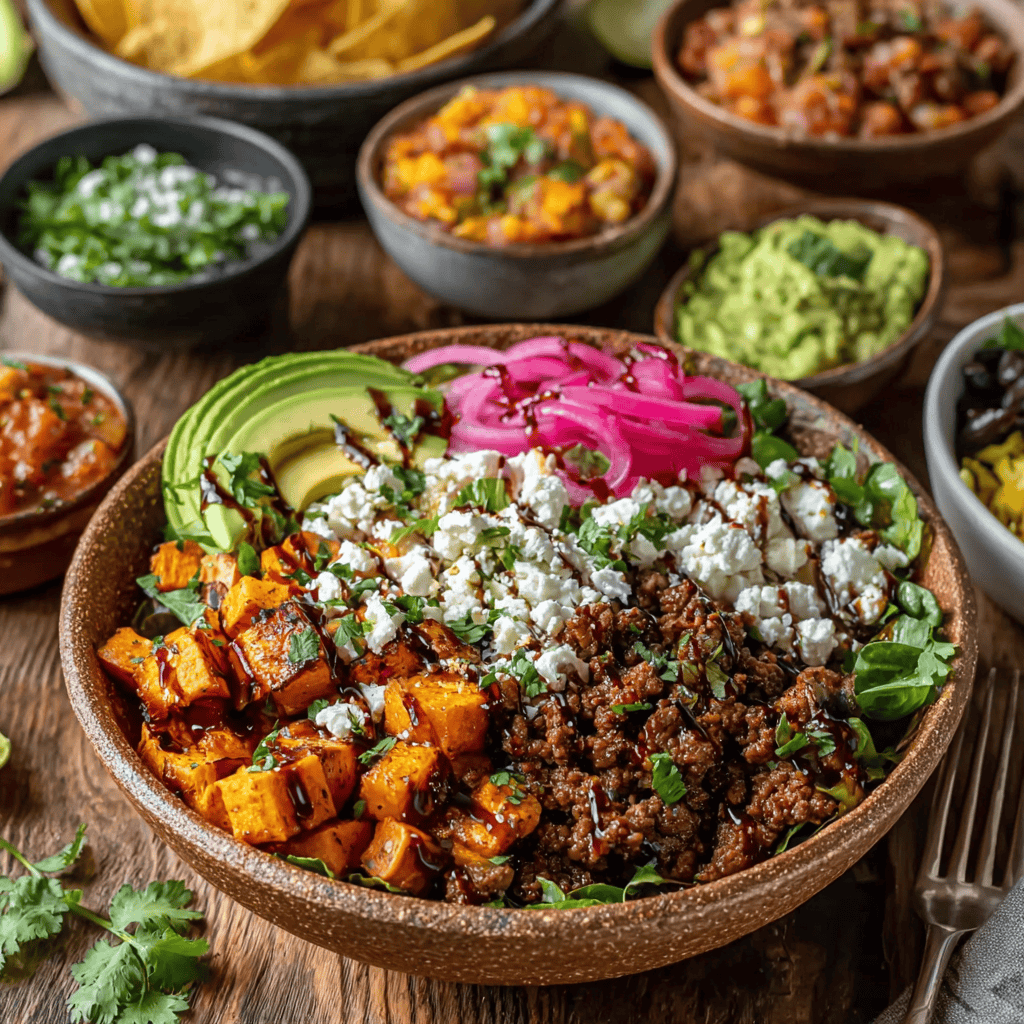High-Protein Ground Beef & Hot Honey Meal Prep Bowl 6 Ground beef sautéed with onions and herbs in a skillet, drizzled with olive oil,preparation for ground beef hot honey bowl recipe.