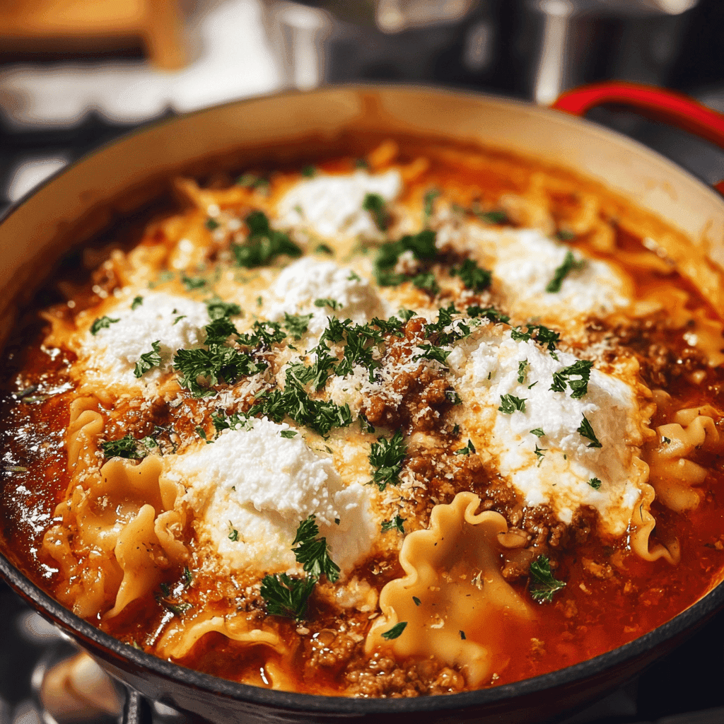 Lasagna Soup Recipe: A Cozy One-Pot Comfort Food 4 Lasagna soup with curly noodles, ground meat, tomato broth, and melted cheese in a bowl – comforting one-pot Italian-style soup.