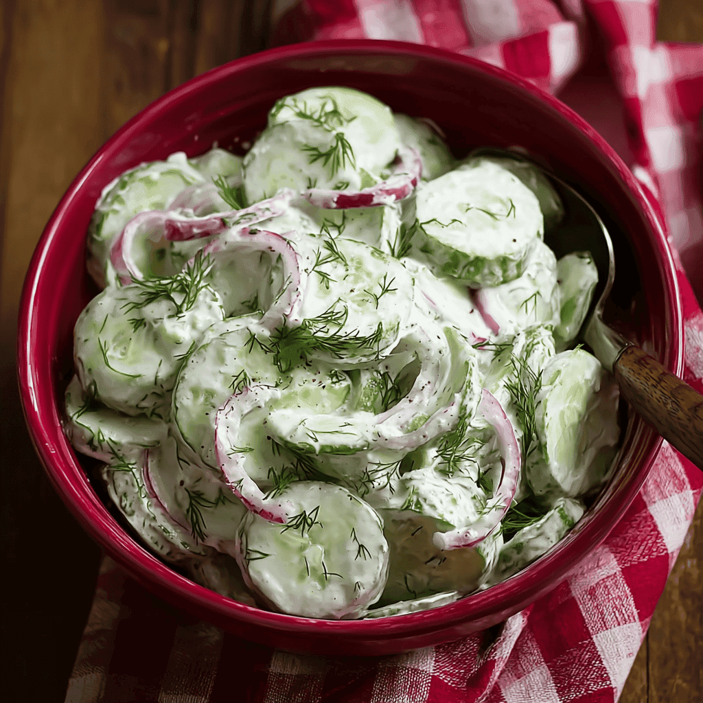 Cucumber Salad: Refreshing, Easy, and Perfect for Any Season 4 A creamy cucumber salad in a red bowl with fresh dill and red onions, served chilled — a refreshing homemade summer side.