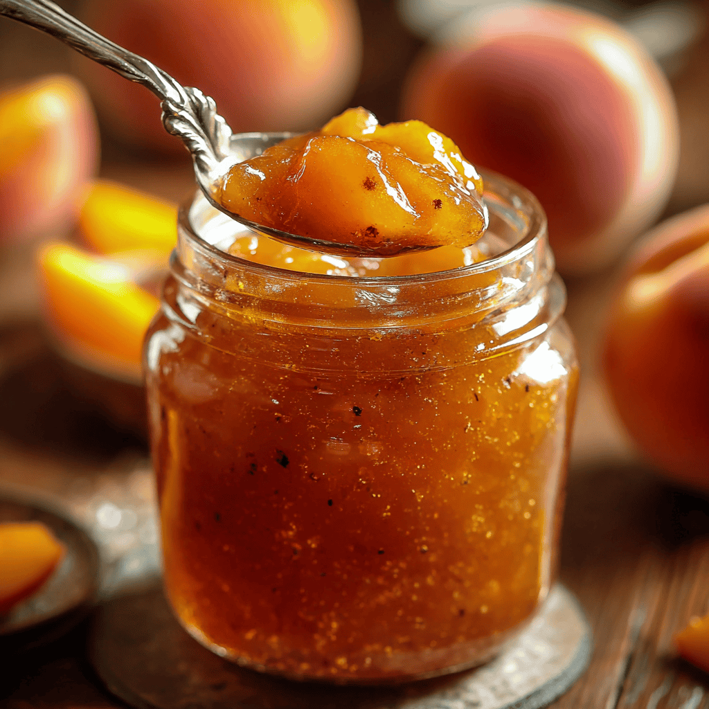 A spoonful of golden homemade peach jam in a mason jar, showing thick fruit chunks and vanilla specks, styled on a wooden table with fresh peaches in the background.