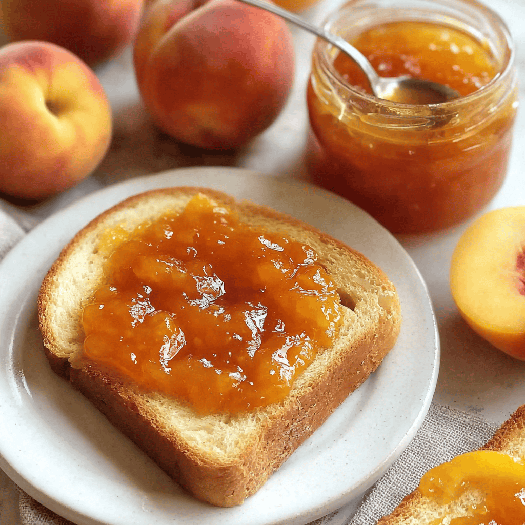 How to Make the Best Homemade Peach Jam: Step-by-Step Guide 4 Slice of toasted bread topped with glossy homemade peach jam, served on a white plate beside fresh ripe peaches and an open jar of jam with a spoon.
