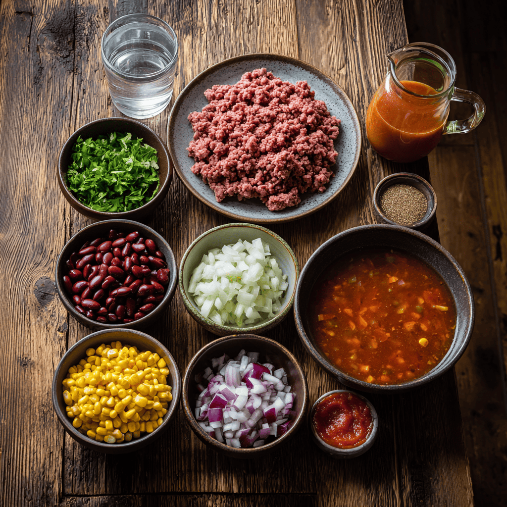 Cozy Weeknight Taco Soup: A Hearty, One-Pot Comfort 5 Flat lay of ingredients for an easy taco soup recipe including ground beef, onions, beans, corn, taco seasoning, broth, and cilantro.