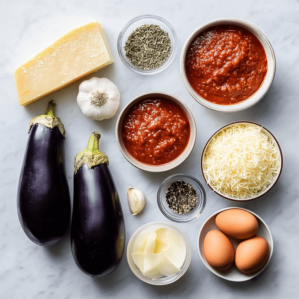 Step-by-Step Guide to the Perfect Baked Eggplant Parmesan 5 Flat-lay of ingredients for eggplant parmesan baked: fresh eggplants, marinara sauce, garlic, cheese, eggs, and seasonings on white surface
