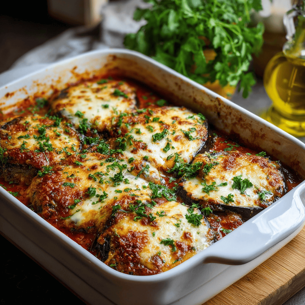 Step-by-Step Guide to the Perfect Baked Eggplant Parmesan 6 Oven-baked eggplant parmesan in red dish with cheese and parsley,