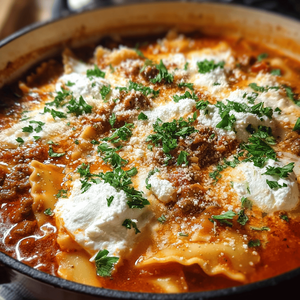 Rich and cheesy lasagna soup in a Dutch oven topped with ricotta, parmesan, and fresh herbs – a hearty one-pot comfort meal.