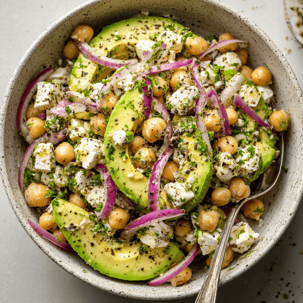 Chickpea Feta Avocado Salad: A Fresh & Flavorful Mediterranean-Inspired Delight 6 Top view of chickpea feta avocado salad with red onion, parsley, and lemon vinaigrette in a ceramic bowl with spoon
