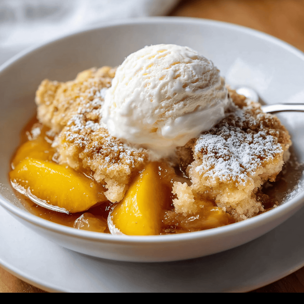 Peach Cobbler with Fresh Peaches – A Delicious Homemade Classic 6 Close-up of peach cobbler with fresh peaches in a white bowl, topped with golden biscuit crust, powdered sugar, and a scoop of vanilla ice cream.