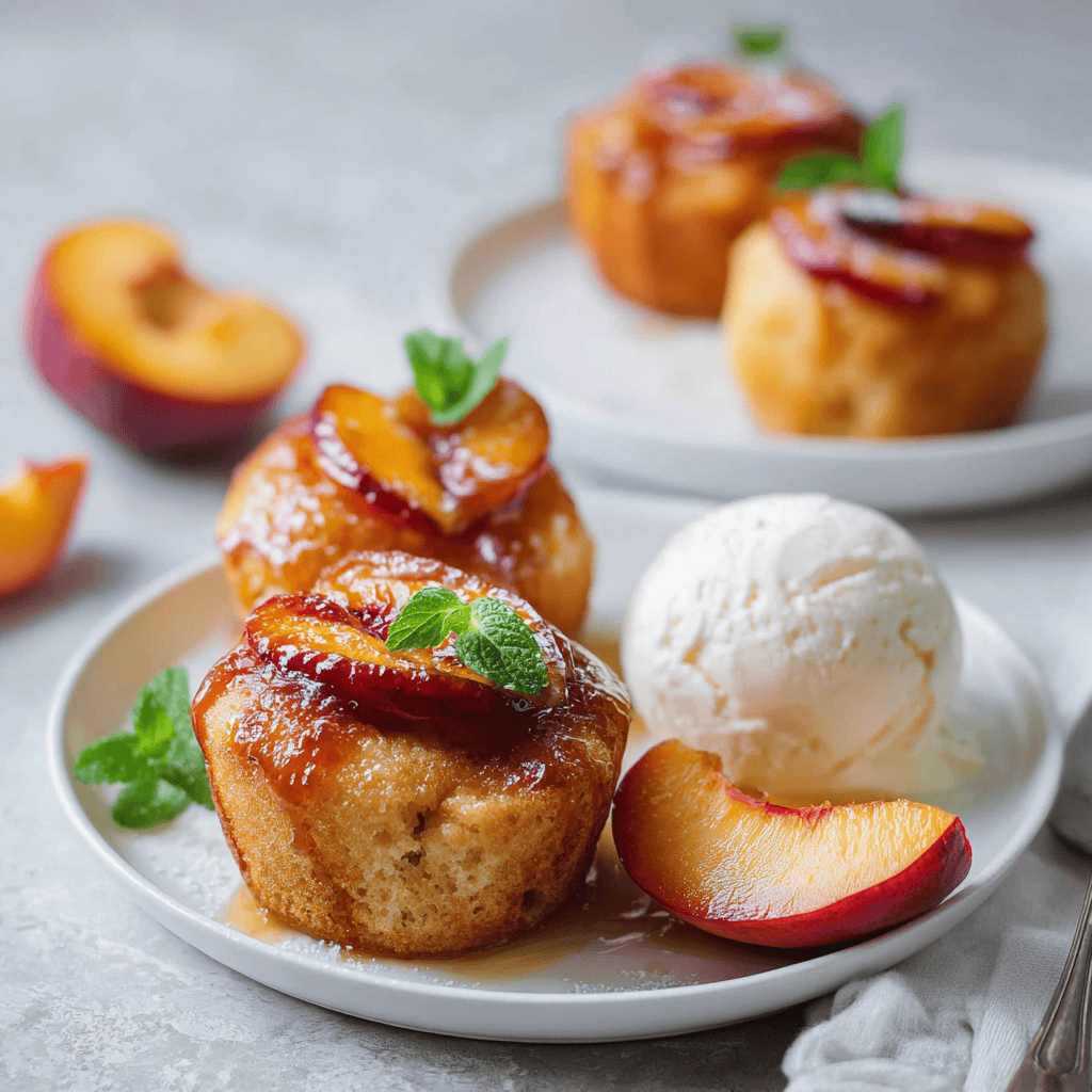 Peach Mini Cakes: A Delightful Bite of Summer 4 Moist peach mini cakes topped with caramelized peach slices, served with vanilla ice cream and mint on a white plate