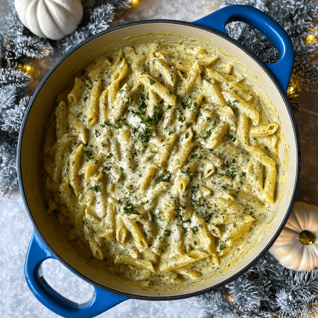 How to Make Creamy Pesto Sauce (3 Easy Variations) 4 Overhead view of penne pasta coated in creamy pesto sauce, topped with fresh parsley and cracked black pepper in a white ceramic bowl.