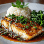 Ginger Soy Glazed Cod: A Flavor-Packed, Healthy Seafood Recipe 7 Plated Ginger Soy Glazed Cod fillet served with white rice and sautéed greens