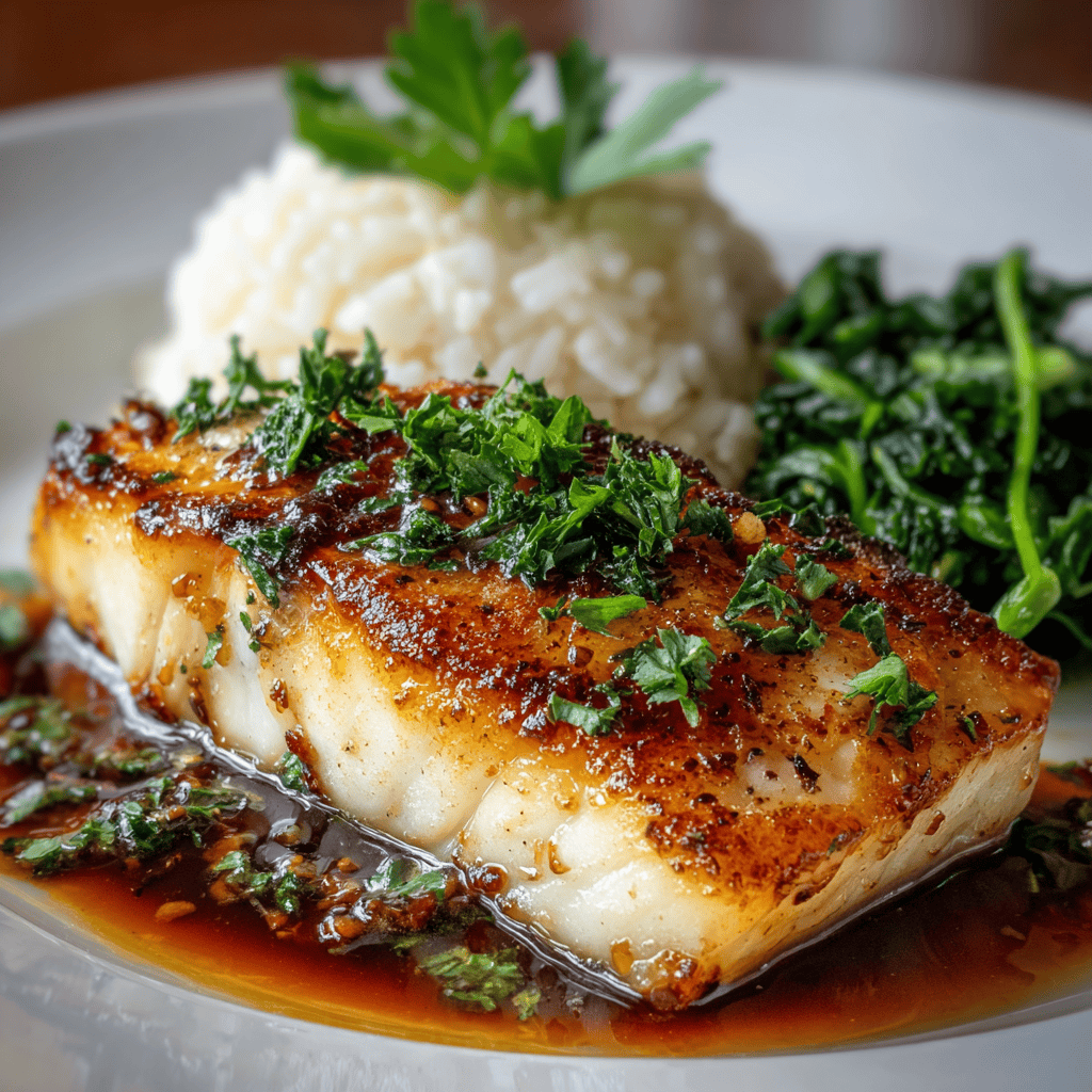 Plated Ginger Soy Glazed Cod fillet served with white rice and sautéed greens