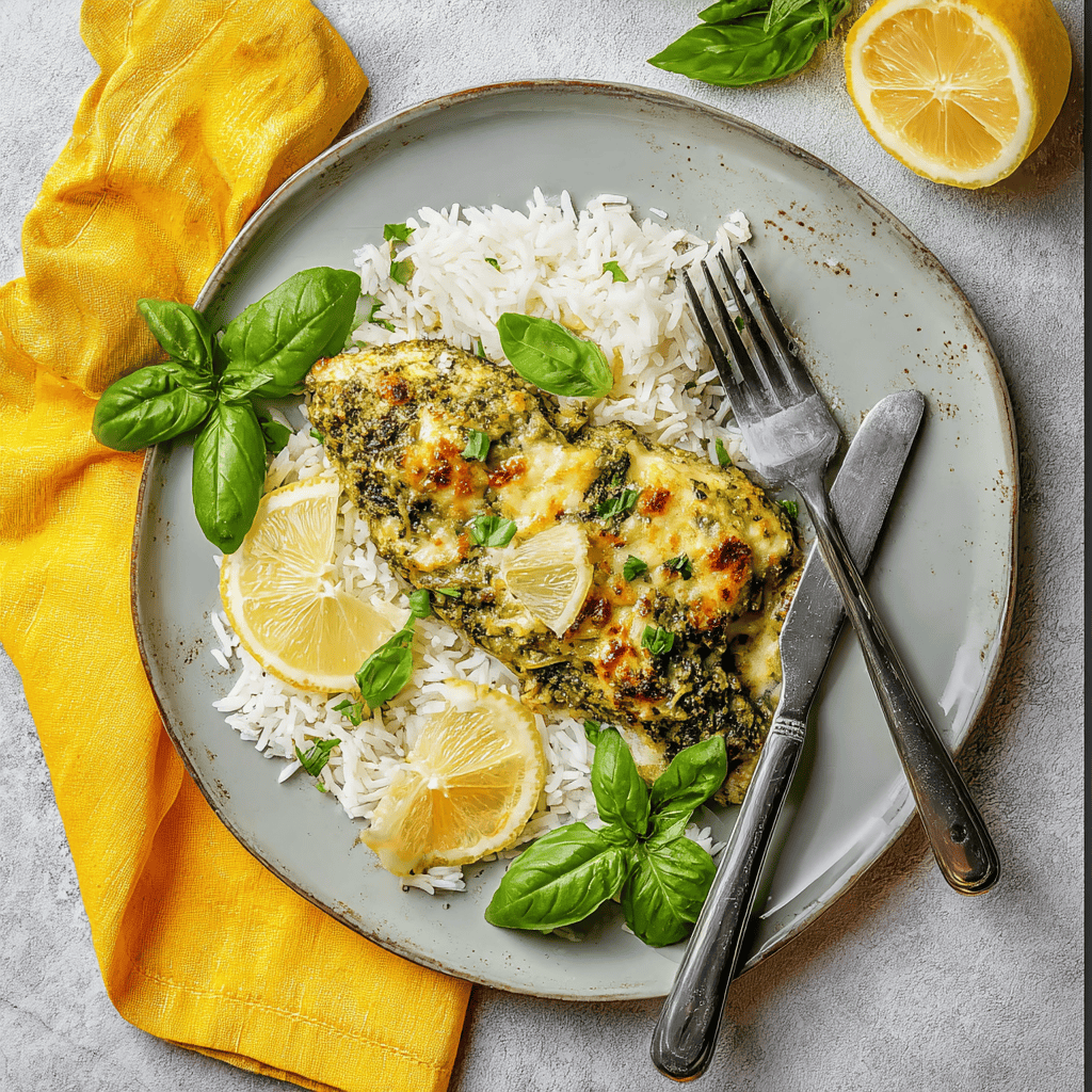 Baked Pesto Chicken : An Easy, Flavor-Packed Dinner 6 Plated baked pesto chicken with melted cheese, white rice, fresh basil leaves, and lemon wedges on a light gray plate