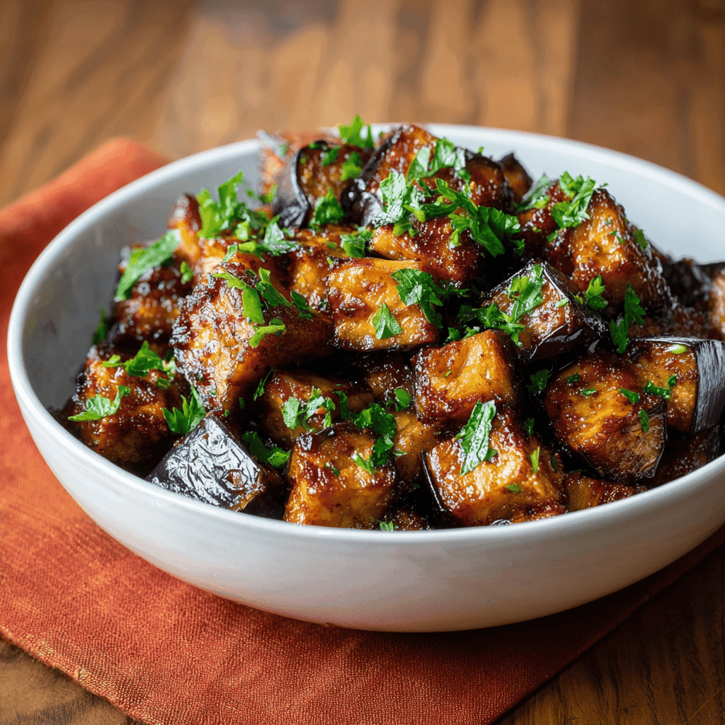 Roasted Eggplant: Recipes, Tips, and Flavor Variations 3 Bowl of roasted eggplant recipe with golden-brown eggplant cubes garnished with parsley on a rustic wooden table.