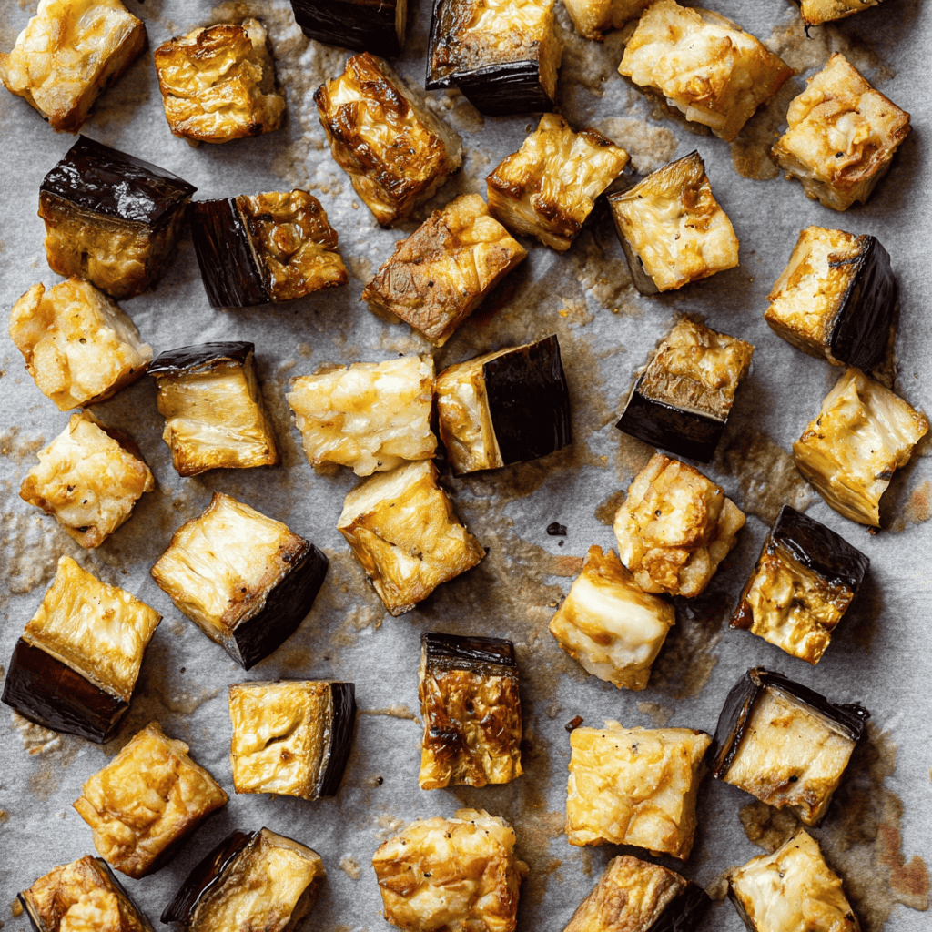 Roasted Eggplant: Recipes, Tips, and Flavor Variations 4 Overhead view of roasted eggplant recipe with golden-brown eggplant cubes on a parchment-lined baking sheet.