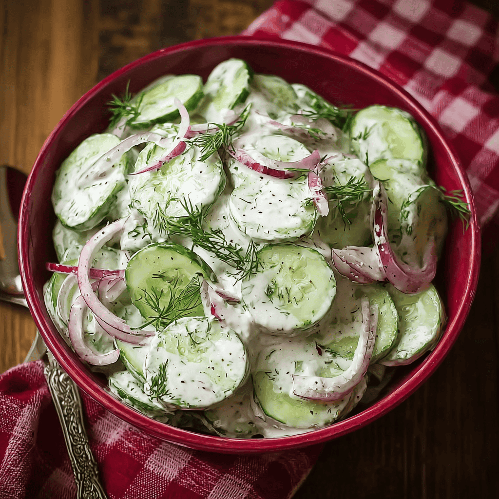 Cucumber Salad: Refreshing, Easy, and Perfect for Any Season 3 A creamy cucumber salad with fresh dill and red onion served in a red bowl on a rustic checkered tablecloth a perfect chilled side dish.