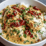 Crockpot Marry Me Chicken with Creamy Sauce 5 Crockpot Marry Me Chicken with Creamy Sauce served over white rice, topped with sun-dried tomatoes and parsley