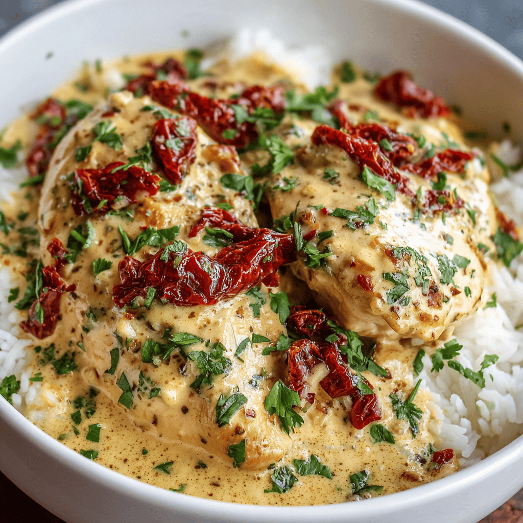 Crockpot Marry Me Chicken with Creamy Sauce 4 Crockpot Marry Me Chicken with Creamy Sauce served over white rice, topped with sun-dried tomatoes and parsley