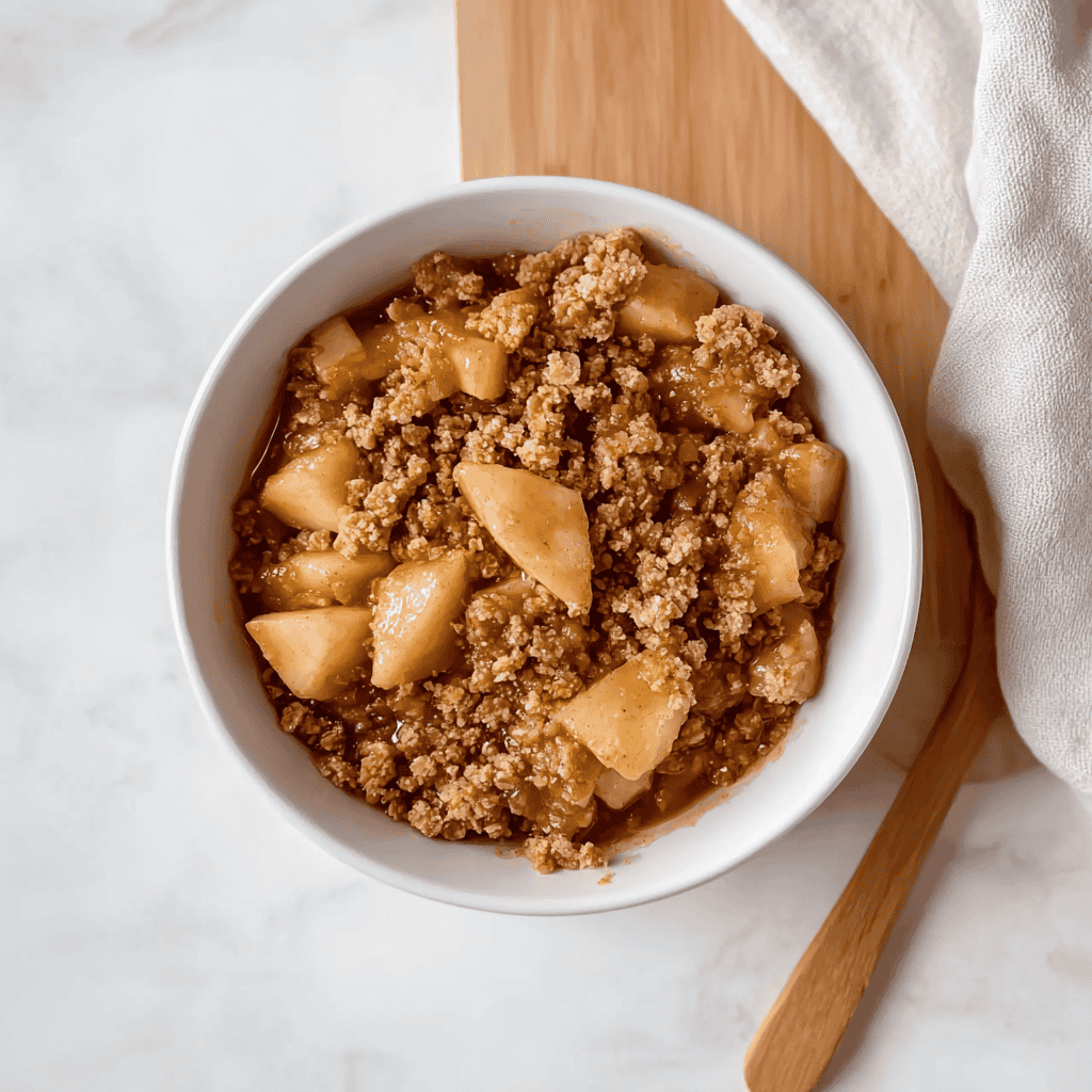 Sourdough Discard Apple Crisp: A Tangy Twist on a Classic Fall Dessert 5 Overhead shot of sourdough discard apple crisp with golden oat topping and cinnamon apples in a white bowl on a marble surface.