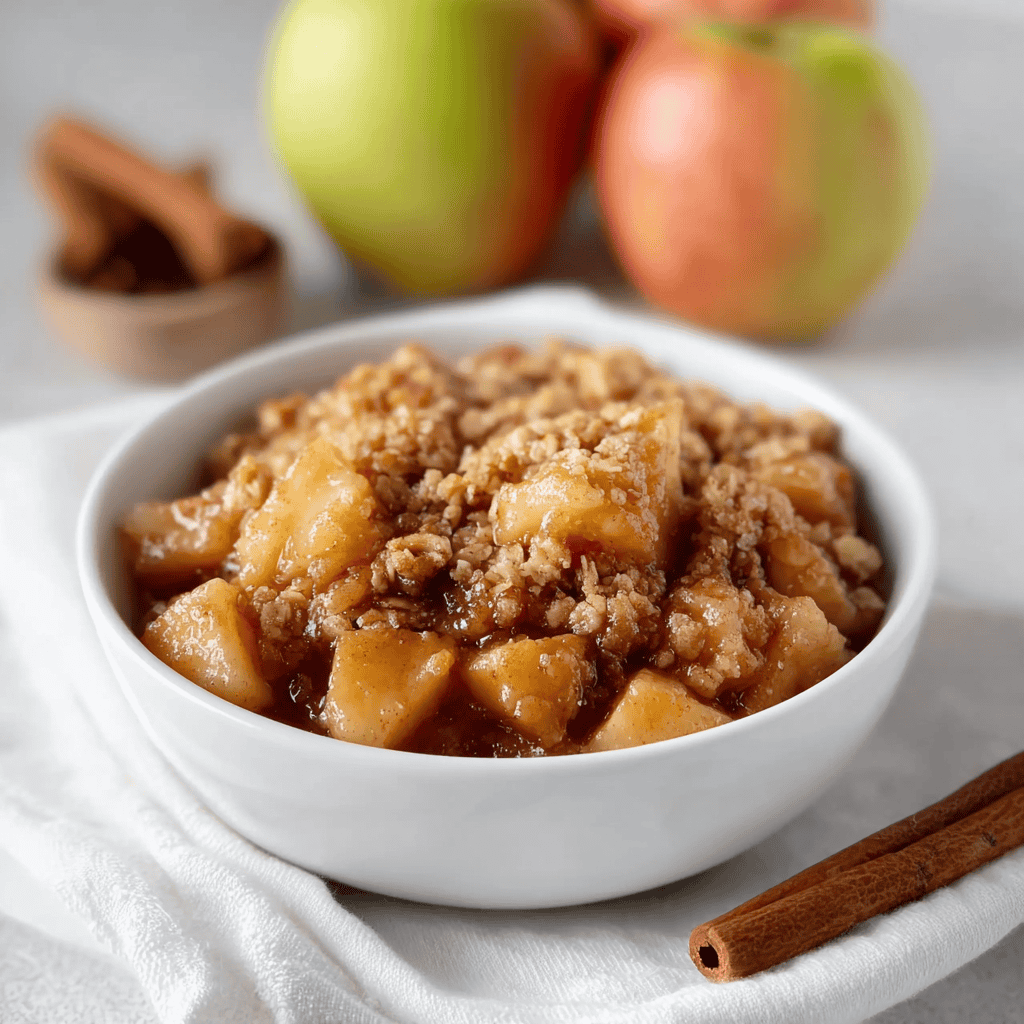 Sourdough Discard Apple Crisp: A Tangy Twist on a Classic Fall Dessert 4 Close-up of sourdough discard apple crisp in a white bowl with oat crumble topping, cinnamon apples, and blurred cinnamon sticks in the background.