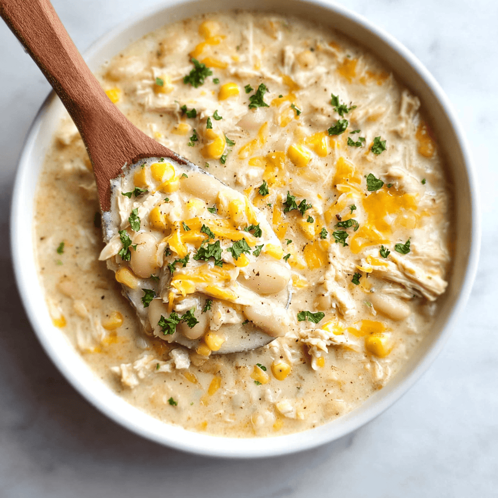 Creamy White Chicken Chili Recipe – Easy, Hearty, and Comforting 6 A close-up of creamy white chicken chili in a bowl with a wooden spoon lifting a scoop. Loaded with shredded chicken, white beans, cheddar cheese, corn, and garnished with parsley.