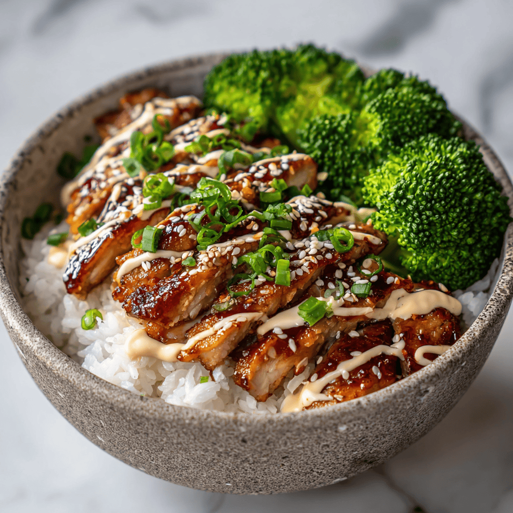 A close-up of a sticky chicken bowls with glazed chicken, steamed broccoli, sesame seeds, and green onions over white rice