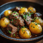 Garlic Butter Beef Bites with Potatoes – The Ultimate One-Pan Meal 5 Juicy garlic butter beef bites with golden baby potatoes in a rich garlic sauce, topped with fresh herbs.