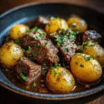 Garlic Butter Beef Bites with Potatoes – The Ultimate One-Pan Meal 5 Juicy garlic butter beef bites with golden baby potatoes in a rich garlic sauce, topped with fresh herbs.