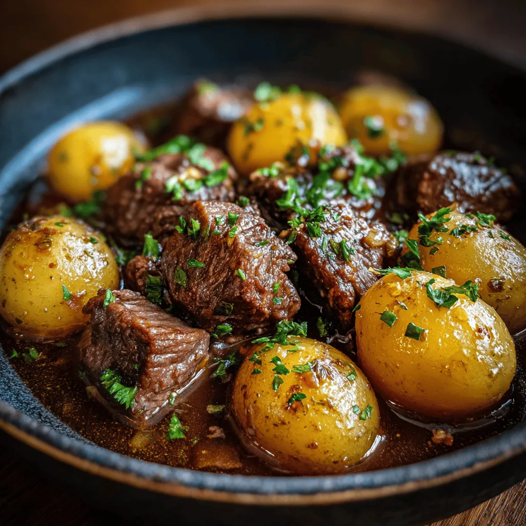 Garlic Butter Beef Bites with Potatoes – The Ultimate One-Pan Meal 4 Juicy garlic butter beef bites with golden baby potatoes in a rich garlic sauce, topped with fresh herbs.