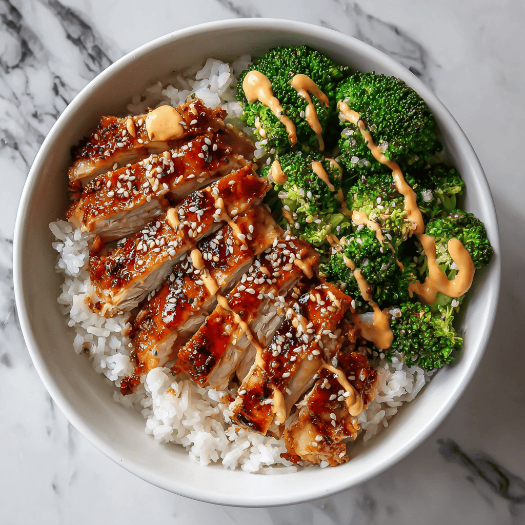 Sticky Chicken Bowls: The Ultimate Sweet & Savory Meal Prep Hero 4 Overhead view of a sticky chicken bowls featuring teriyaki-glazed chicken, white rice, broccoli, and creamy sauce drizzle