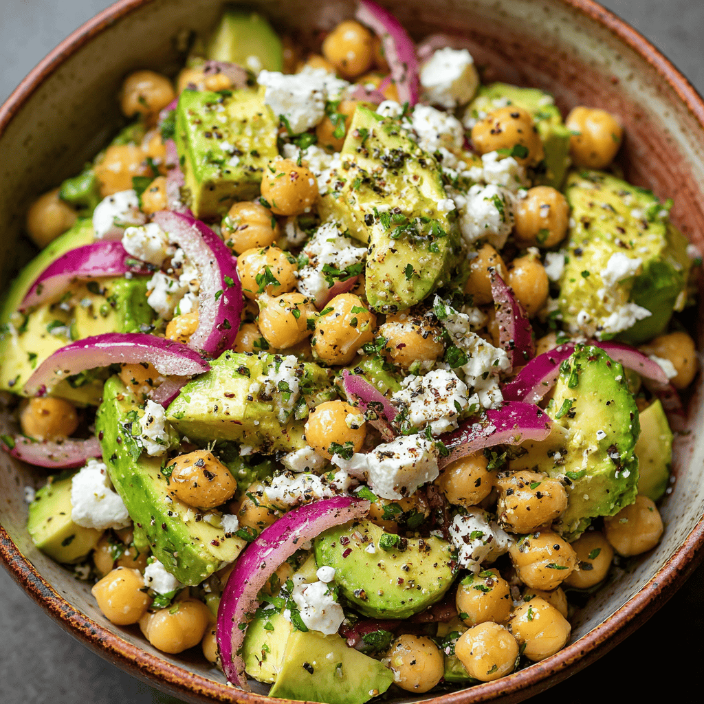 Vertical shot of chickpea feta avocado salad with red onions, herbs, and lemon dressing in a rustic bowl