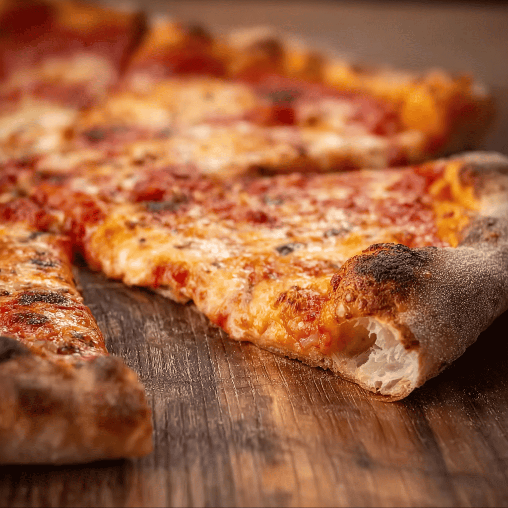 Classic New York-Style Pizza Dough 5 Close-up of airy crust slice showcasing chewy texture of New York-style pizza dough