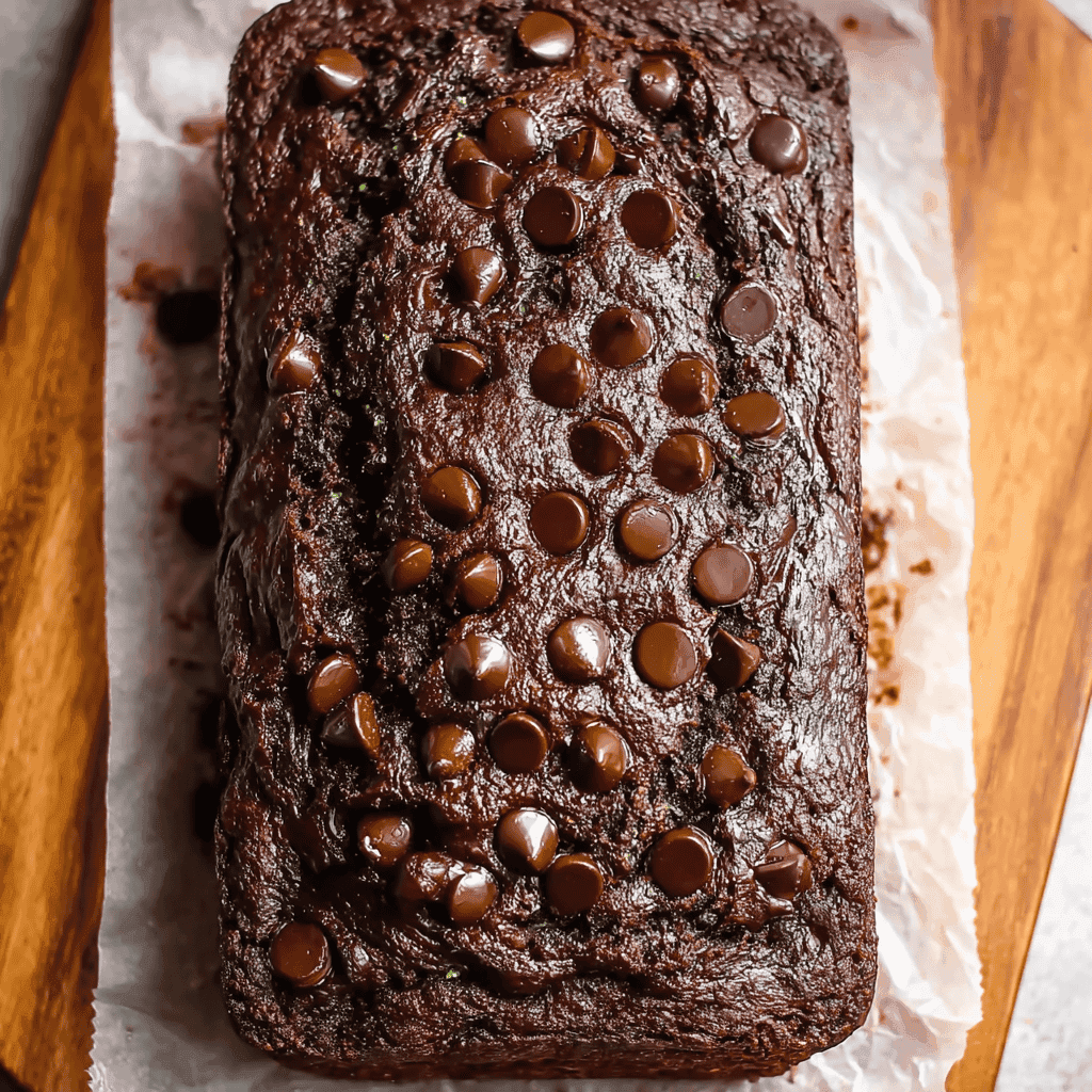 The Best Moist Chocolate Zucchini Bread Recipe (Easy & Fudgy) 4 Moist chocolate zucchini bread topped with melted chocolate chips on a wooden board