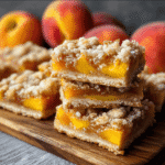 Peach Bars: The Perfect Blend of Sweet, Buttery, and Fruity 5 Close-up of homemade peach bars with juicy peach filling and buttery crust on a wooden board, perfect summer dessert