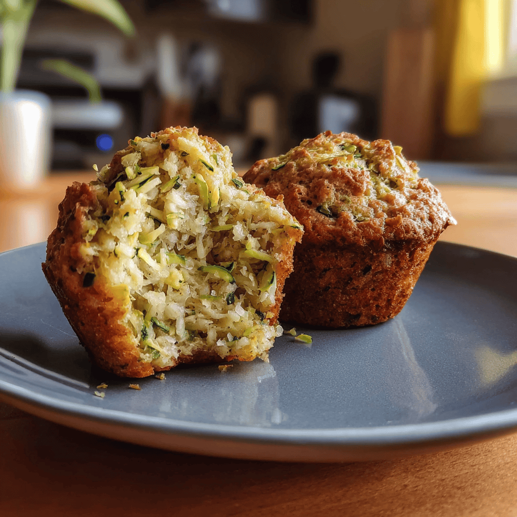 Zucchini Muffins: Moist, Healthy & Surprisingly Delicious 6 Freshly baked zucchini muffins on a gray plate, one split open to reveal moist crumb and shredded zucchini in a home kitchen setting