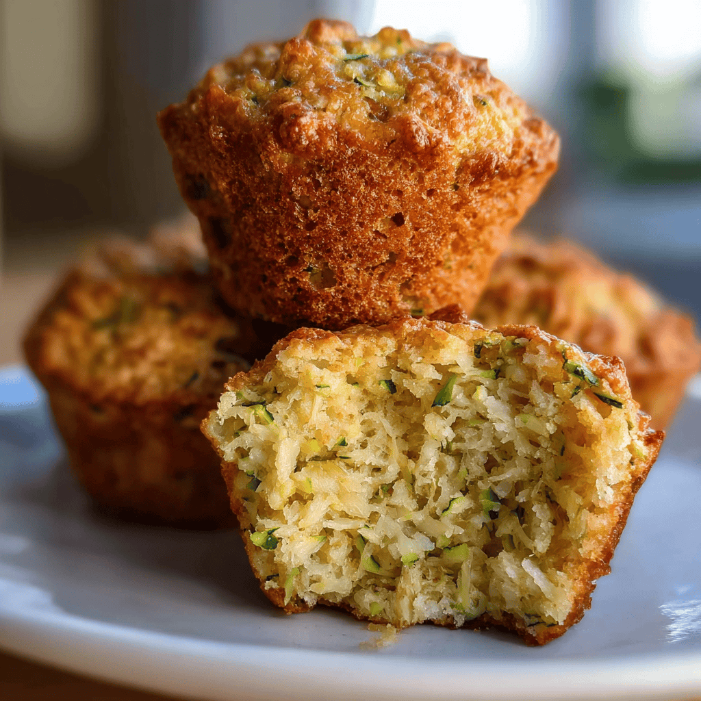Moist and fluffy zucchini muffins with golden crust and shredded zucchini inside, served on a white plate