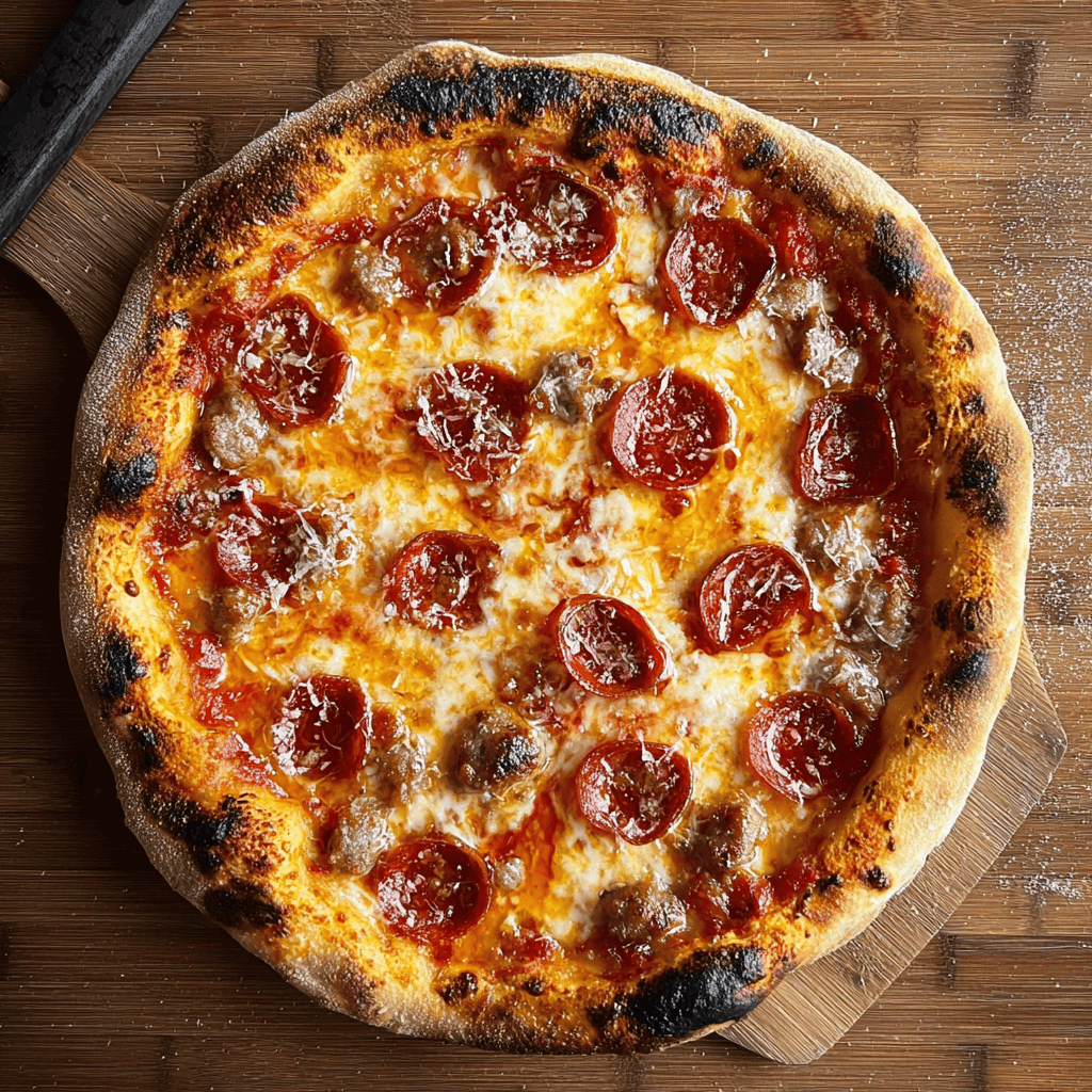 Whole pepperoni and sausage pizza made with New York-style pizza dough on a wooden board