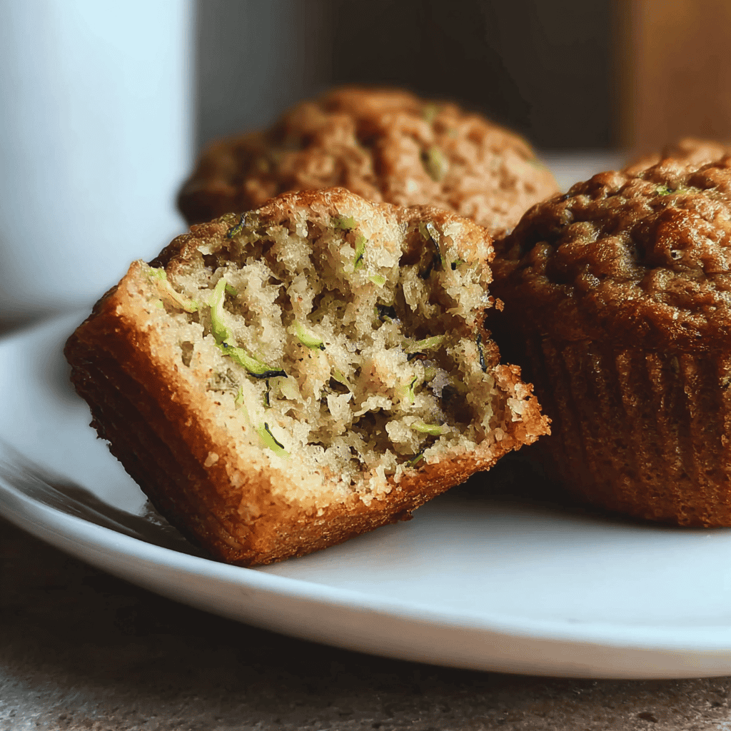 Zucchini Muffins: Moist, Healthy & Surprisingly Delicious 5 Rustic zucchini muffins on a white plate with a moist interior and shredded zucchini, photographed in natural kitchen lighting