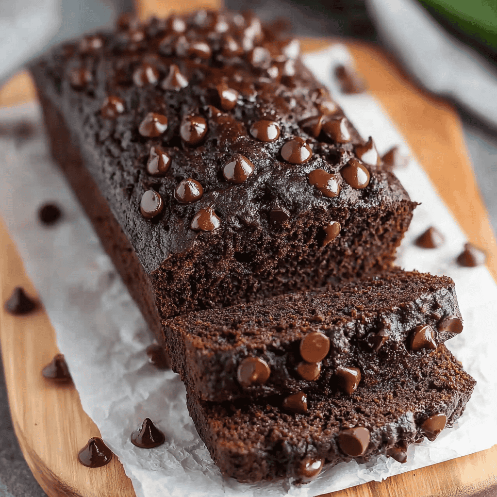 The Best Moist Chocolate Zucchini Bread Recipe (Easy & Fudgy) 5 Sliced chocolate zucchini bread loaf topped with chocolate chips on parchment paper