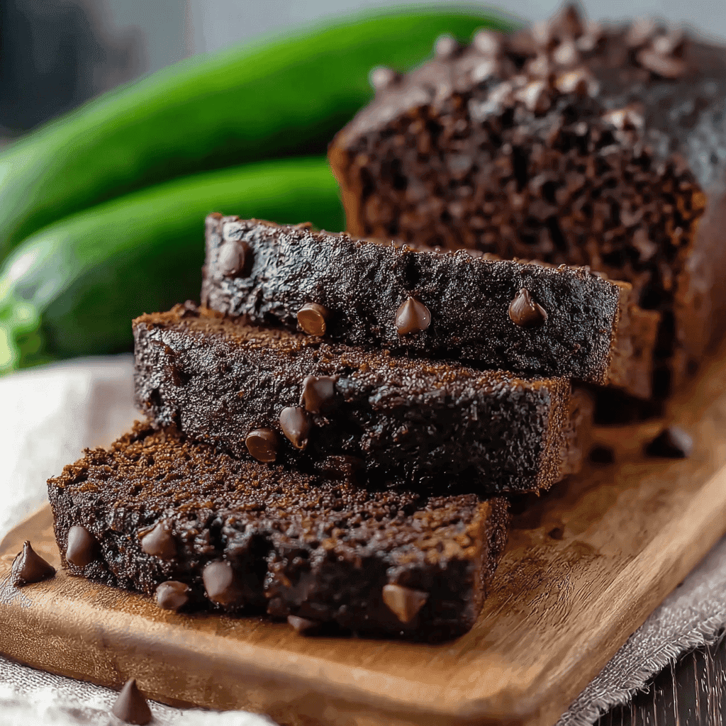 The Best Moist Chocolate Zucchini Bread Recipe (Easy & Fudgy) 6 Slices of moist chocolate zucchini bread with chocolate chips and fresh zucchini in the background