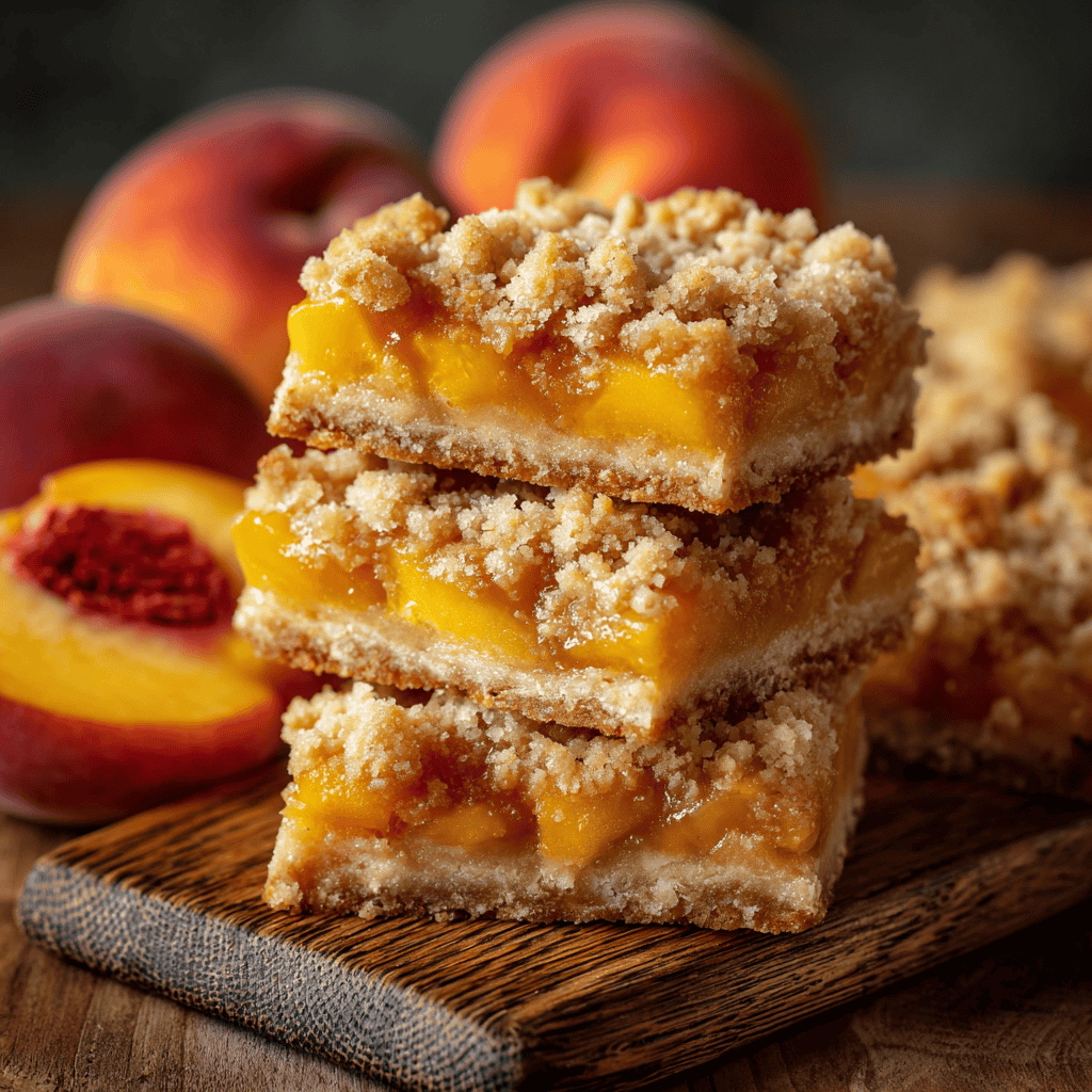 Peach Bars: The Perfect Blend of Sweet, Buttery, and Fruity 4 Stacked peach bars with golden crust and juicy peach filling, dusted with powdered sugar on a wooden plate with fresh peaches in the background