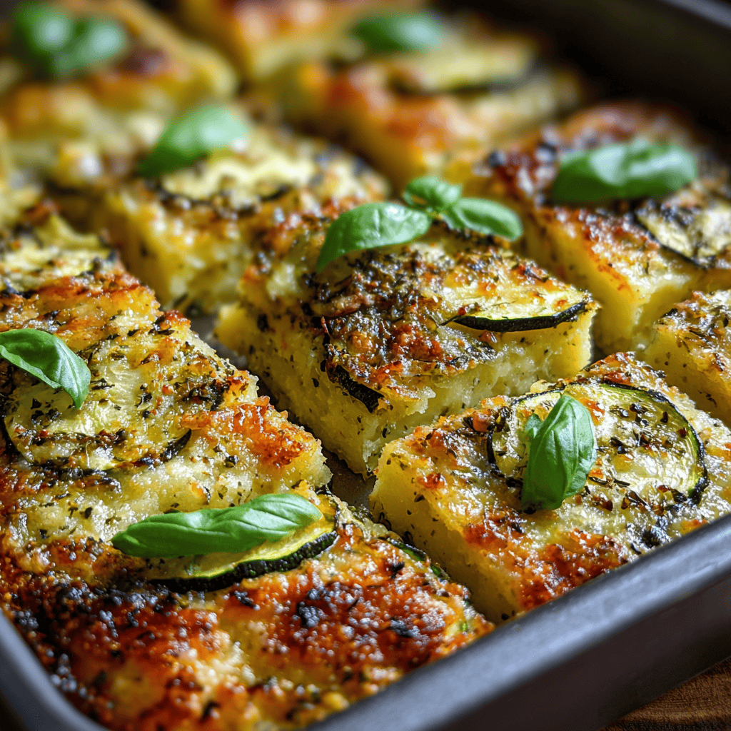 Zucchini Scarpaccia Tart: A Rustic Italian Zucchini Recipe You’ll Love 4 Close-up of crispy Zucchini Scarpaccia Tart slices with basil, parmesan, and golden edges in a baking pan