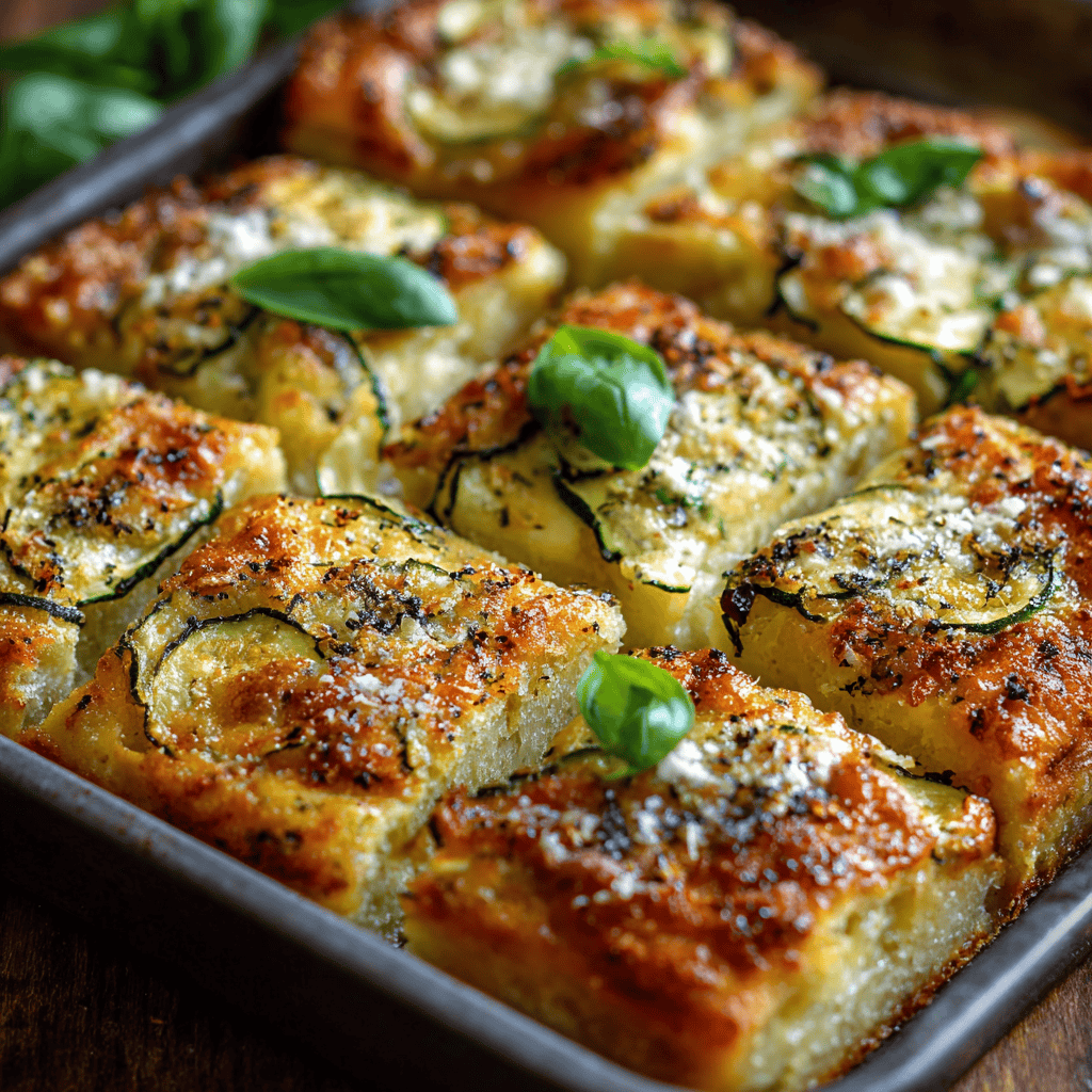 Golden and crispy Zucchini Scarpaccia Tart topped with parmesan and basil, sliced into squares in a baking tray