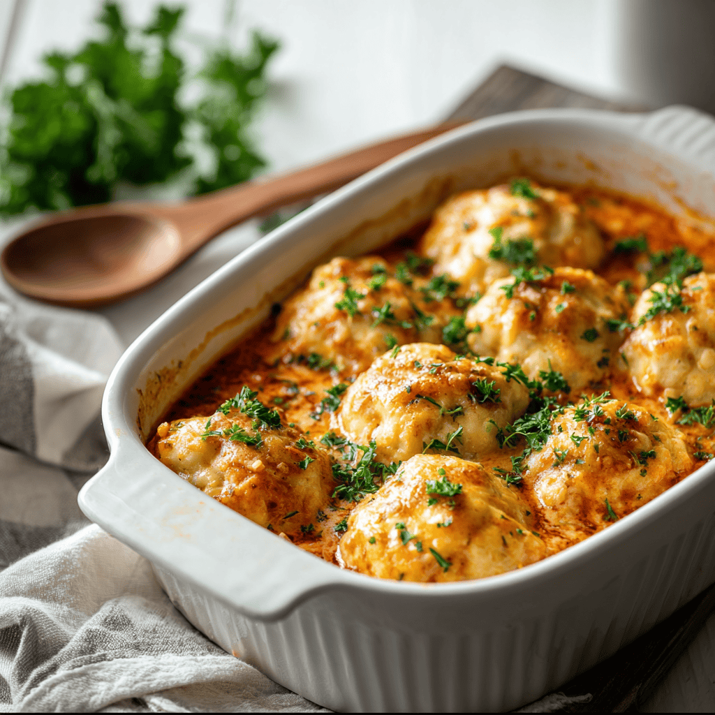 Tomato Soup with Cheddar Bay Dumplings (Cozy & Cheesy Comfort in a Bowl) 4 Freshly baked tomato soup with Cheddar Bay dumplings topped with herbs in a white casserole dish, ready to serve