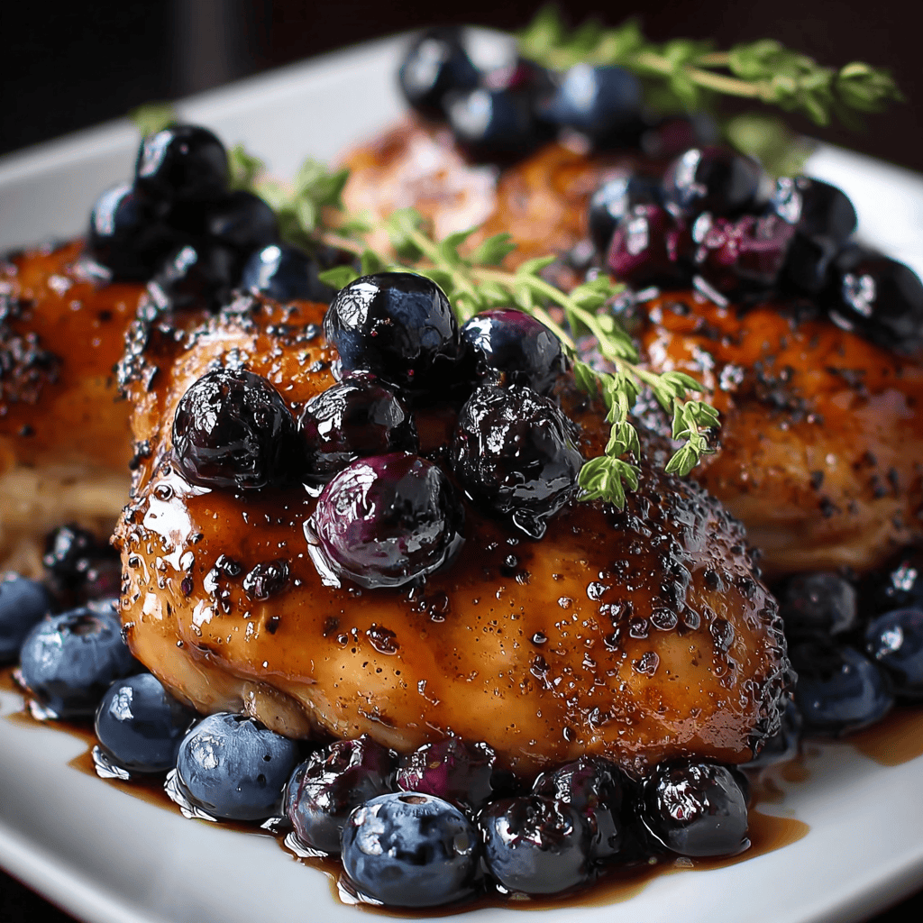 Easy Blueberry Thyme Chicken with Balsamic Glaze 4 Juicy Blueberry Thyme Chicken topped with fresh thyme sprigs and a sweet blueberry balsamic glaze