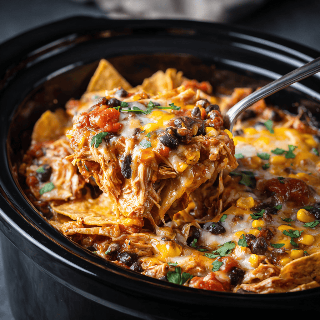 Crockpot Chicken Enchilada Casserole: The Ultimate One-Pot Comfort Food 4 A cheesy Crockpot Chicken Enchilada Casserole with shredded chicken, black beans, corn, and melted cheese served in a slow cooker