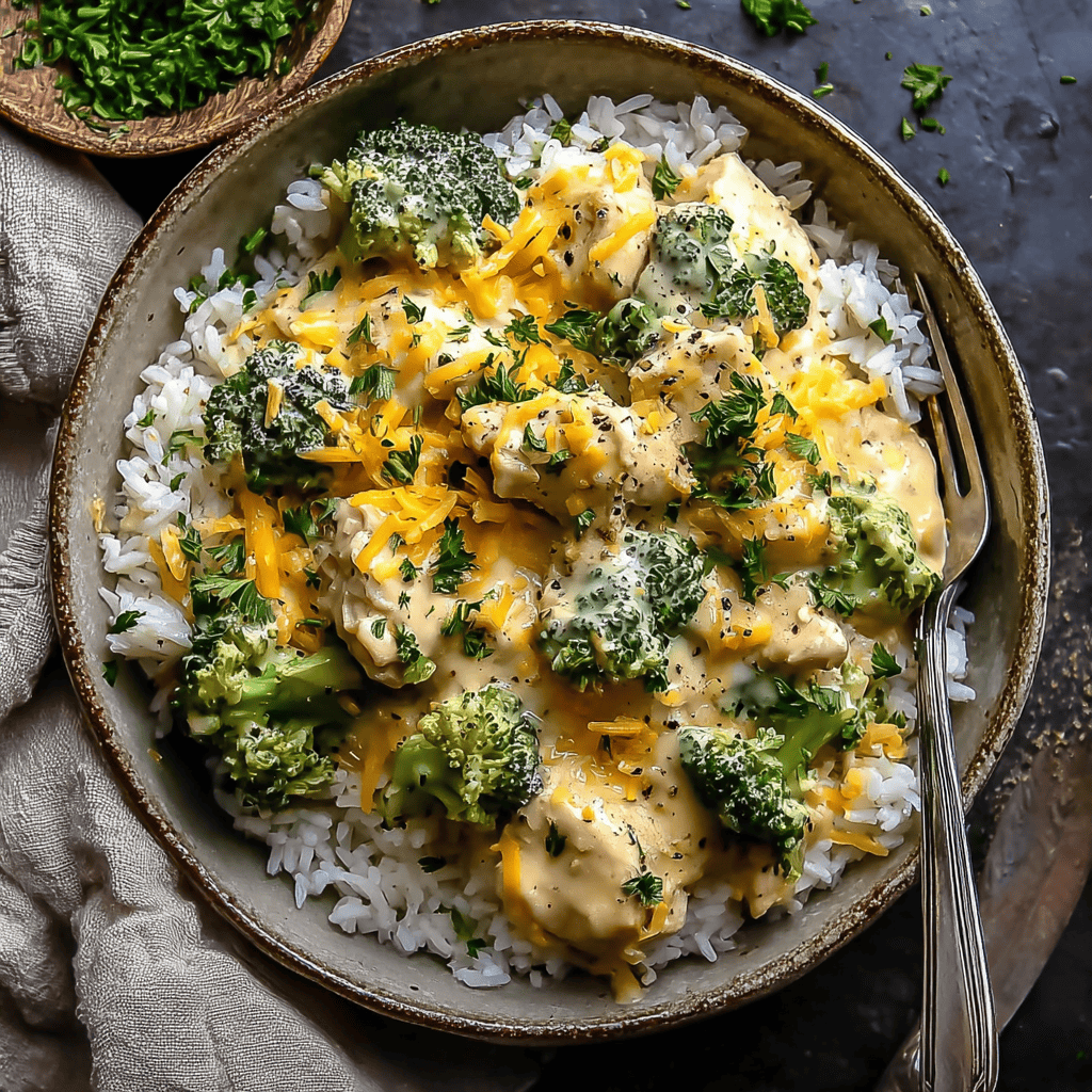 Crockpot Creamy Broccoli Cheddar Chicken: Cozy, Cheesy, and Effortless 6 Close-up of Crockpot Creamy Broccoli Cheddar Chicken with rice, broccoli florets, cheddar cheese, and herbs in a rustic bowl.