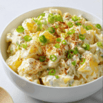Best Creamy Potato Salad Recipe for BBQs and Picnics 7 Bowl of creamy potato salad garnished with chopped green onions and paprika, served in a white dish